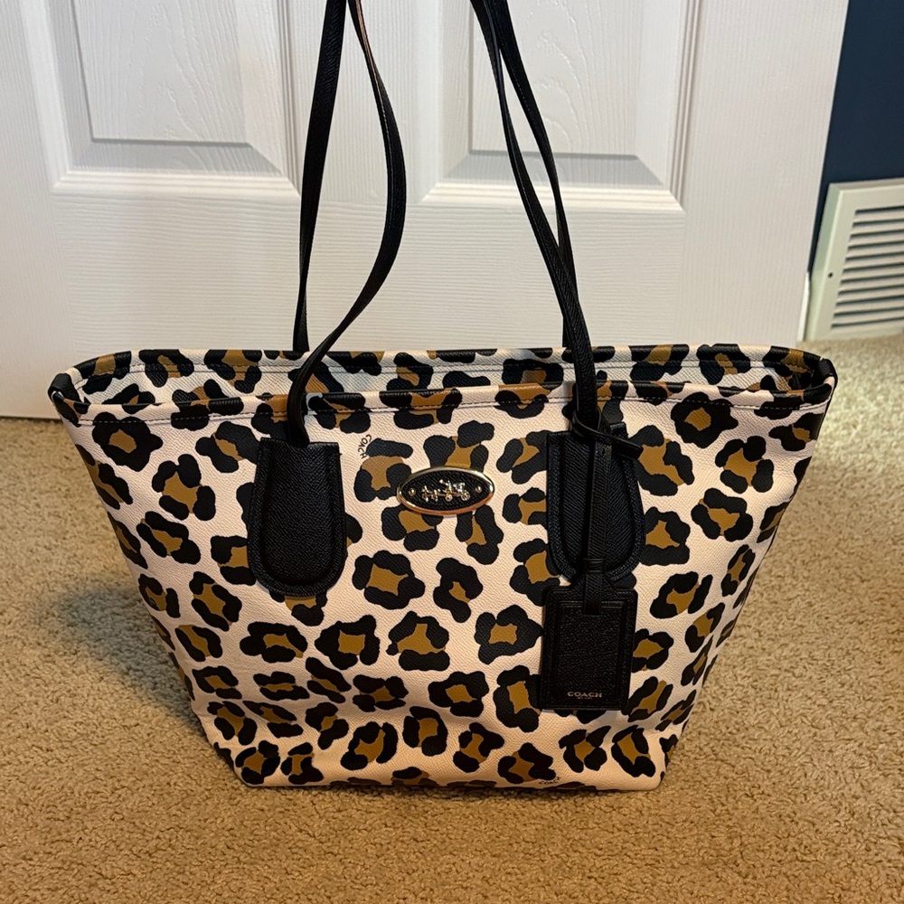 Coach Leopard Print Canvas Tote in Black and Tan